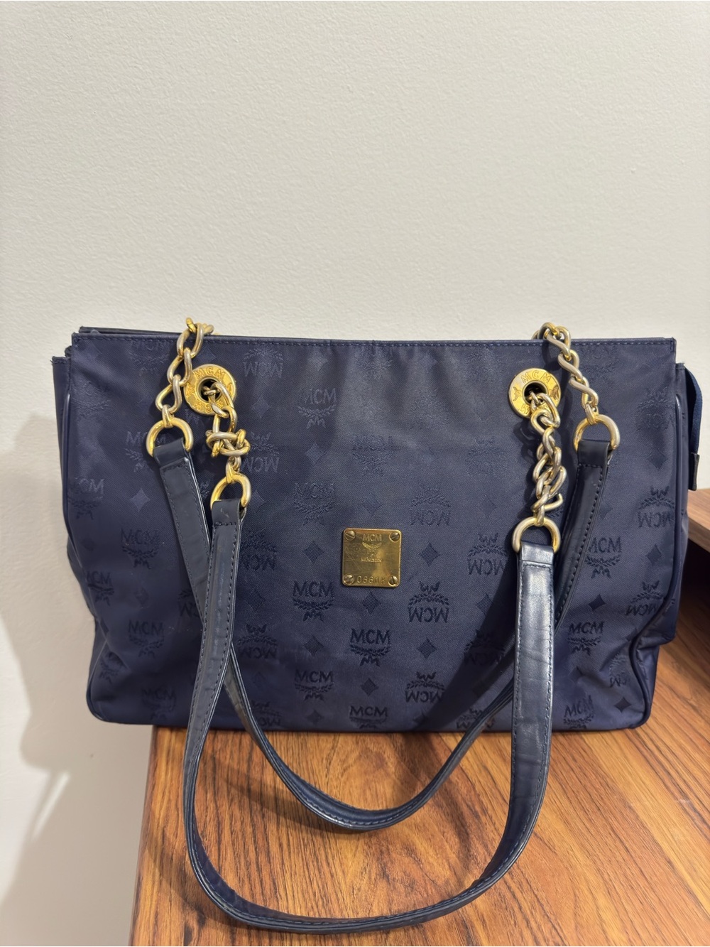 Authentic Vintage MCM Navy Blue Nylon Visetos Chain Tote Bag
Description: